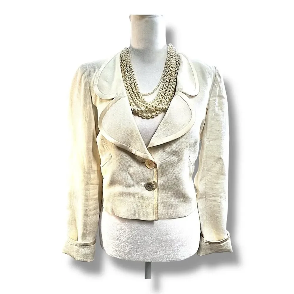 VALENTINO Vintage Ivory Linen Crop Blazer with silk trim SZ 4